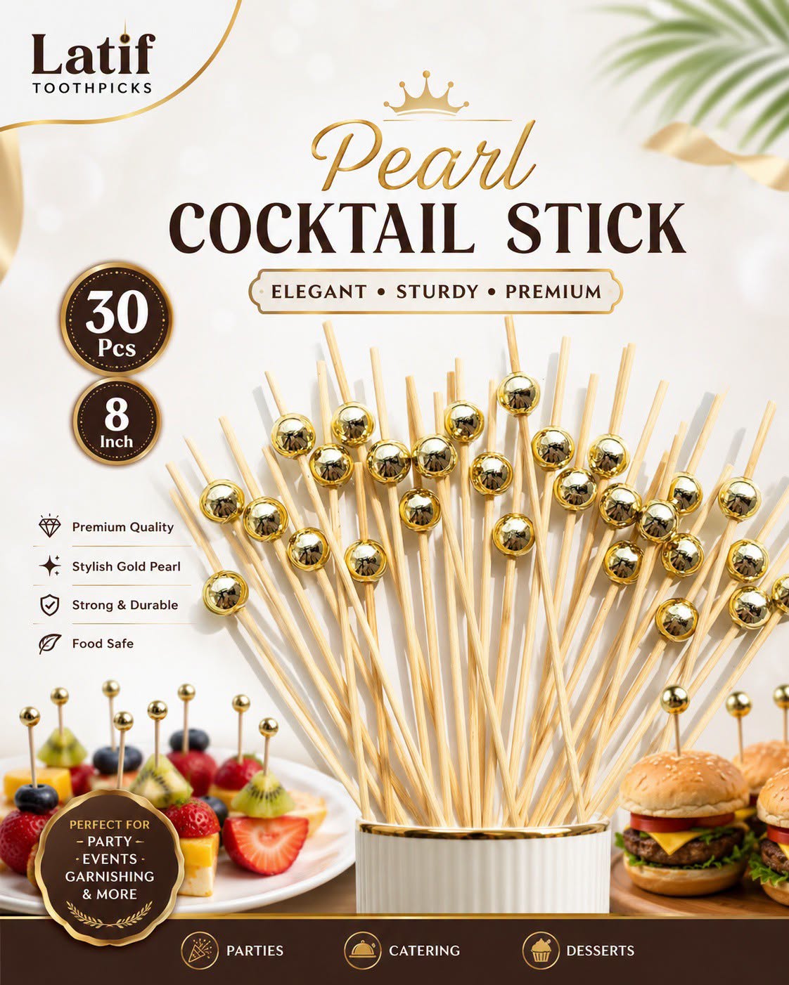 Pearl Cocktail Stick (Golden) I 8inch I 30pcs Stick