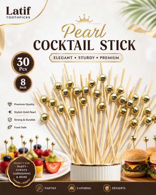 Pearl Cocktail Stick (Golden) I 8inch I 30pcs Stick