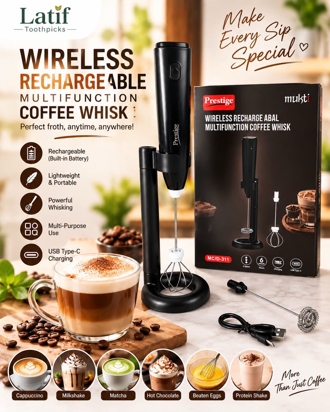 Prestige Mukti Wireless Rechargeable Coffee Whisk